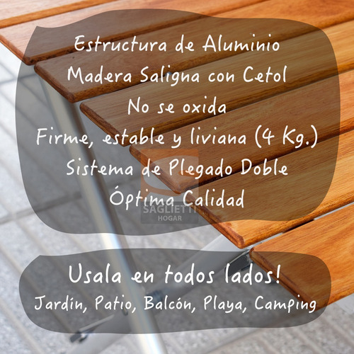 Imagen 3 de 9 de Mesa Plegable Aluminio Madera 75x66 Balcon Jardin Camping