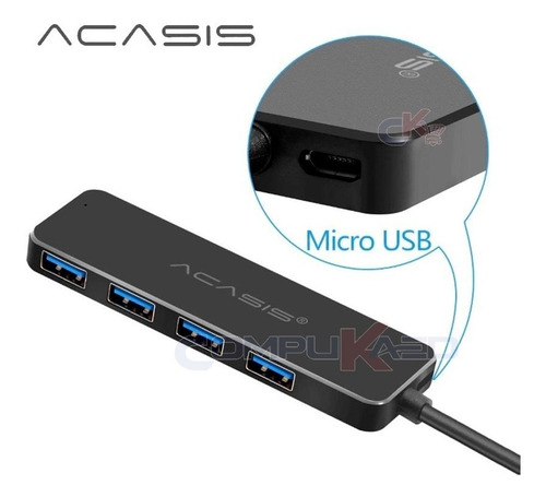 Imagen 2 de 5 de Mini Hub Usb 3.0 De 4 Puertos Acasis Negro Para Pc O Laptop