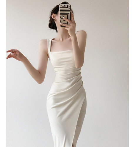 Vestido De Mujer De Estilo Francés Con Cuello Cuadrado Y Cin
