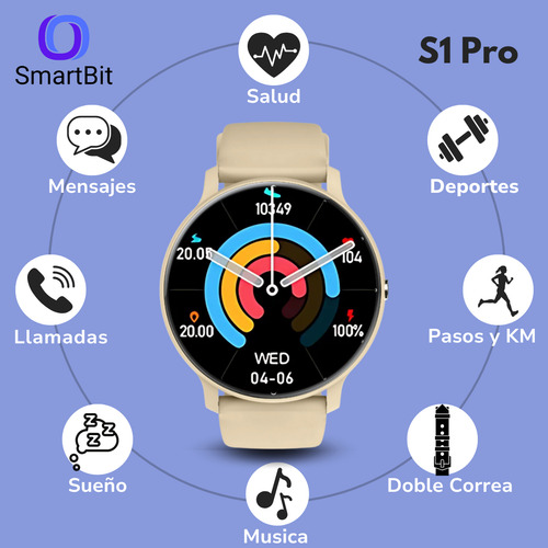 Reloj Smartwatch Mujer Smartbit S1 Pro 1.39 Dorado Deportivo Redondo Compatible Con Android E Ios Llamadas Mensajes Elegante Mide Presion Arterial