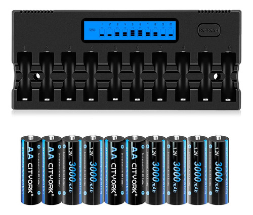 Cityork Paquete De 10 Baterias Recargables Ni-mh Aa 3000mah