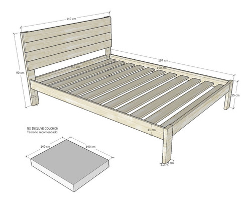 Imagen 2 de 5 de Cama Semidoble 120 Cm Madera 100% Maciza De Pino Ref: Testa