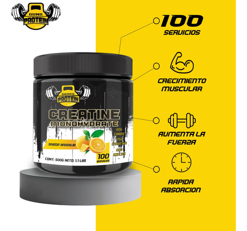 Creatina Monohidratada 500g Guns En Polvo Varios Sabores Pre Naranja