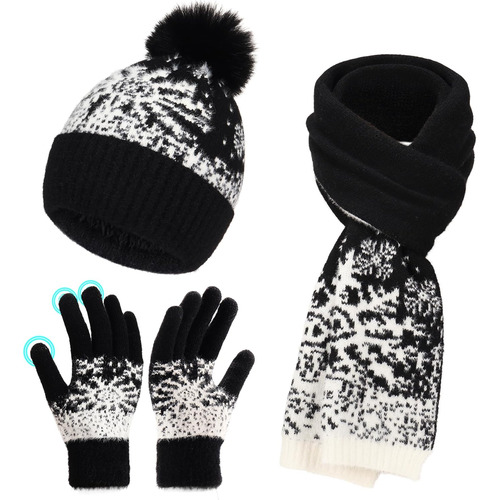 Juego De Guantes De Invierno Para Mujer, Con Forro Polar Negro Talla Única Estampado