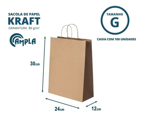 Sacola Papel Kraft Pardo G 24 X 30 - Sem Impressão - 100 Un