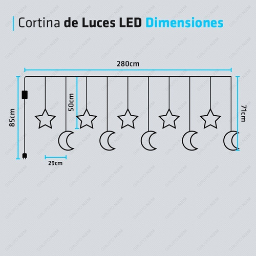 Imagen 4 de 10 de Cortina Led Estrellas Lunas Tira 3 Metros Calido 220v