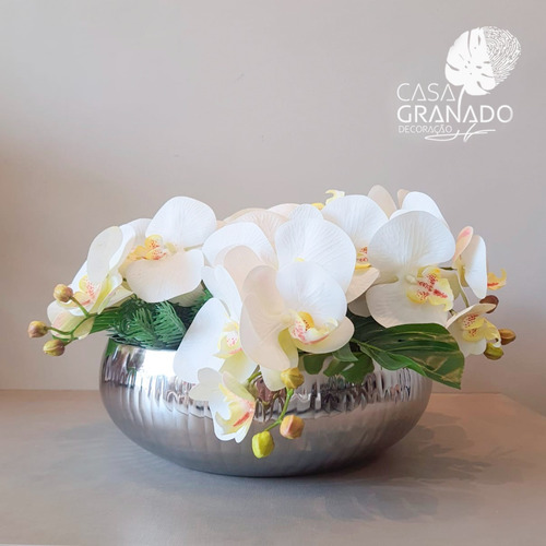 Decoração Mesa Jantar Vaso Prata + Arranjo Orquídeas Luxo | Parcelamento  sem juros