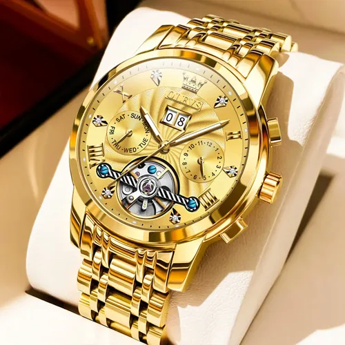 Olevs Relógio Masculino Dourado Aço Luminoso Automático 9910