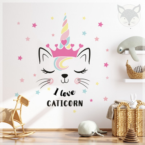 Vinilos Para Pared Decoración Unicornio Gato Y Estrellas