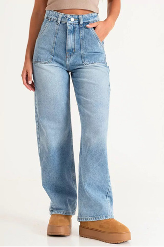 Jeans Wide Leg Tiro Alto Con Bolsillos Plaque De Mujer