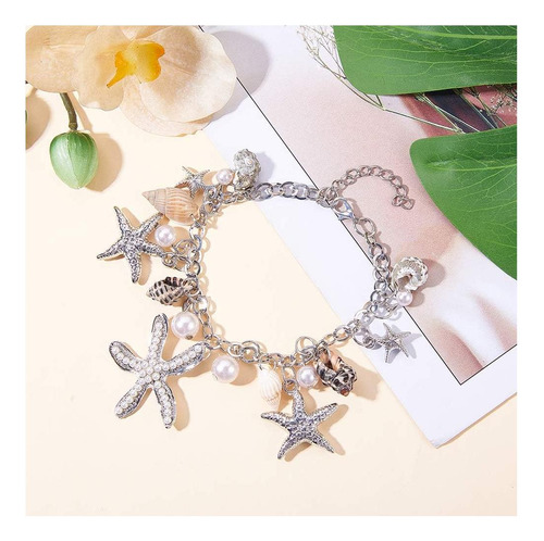 Ph Pandahall Pulsera Tobillera De Concha De Estrella De Mar, Pulsera De Plata. 9 Cm