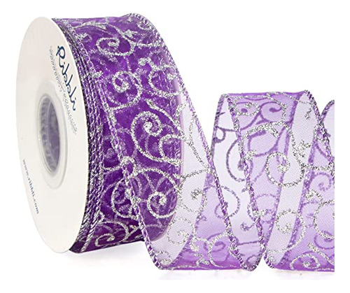 Swirl Glitter Wired Ribbon, Purple Organza Sheer Ribbon...