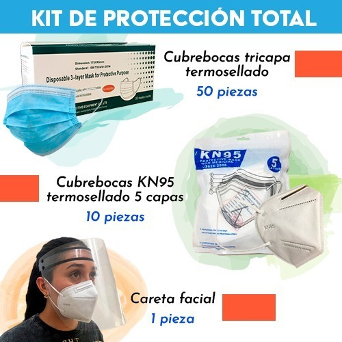 50 Cubrebocas Tricapa, 10 Cubrebocas Kn95 5 Capas, 1 Careta