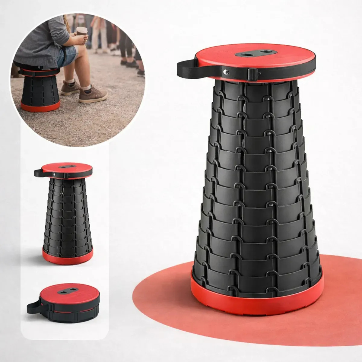 Banqueta Retrátil Dobrável Portátil Com Alça Plástico Telescópica Até 150kg Assento Compacto Para Pesca Camping Praia Fila Viagem Evento Adulto Cor Preto MultiLigui