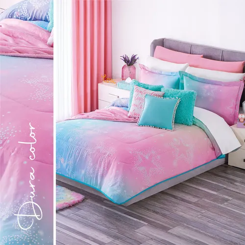 Edredón Star Pink Aqua/rosa Mat/ind C/fundas Y Cojín Concord