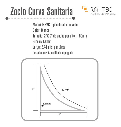 Zoclo Curva Sanitaria Pvc Blanco (4 Piezas De 2.44mts)