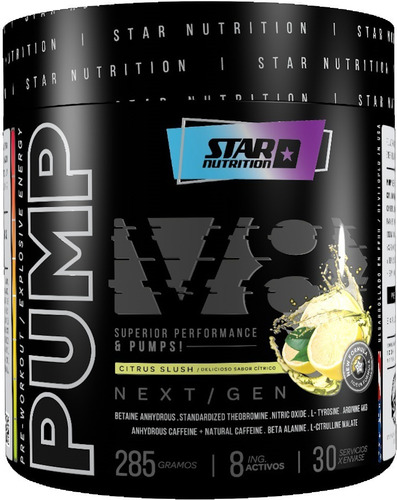 Pump V8 Pre Workout Star Nutrition 285 Gr Cafeína Taurina