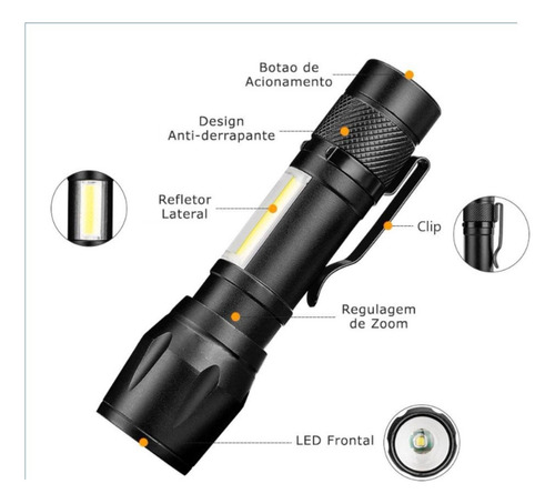 Lanterna Tática Econômica Usb Compacta Cree Led Super Forte Lanterna Preta Luz Branco