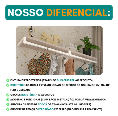 Cabideiro Arara 1m Suspenso Closet Roupa Com Prateleira Mdf