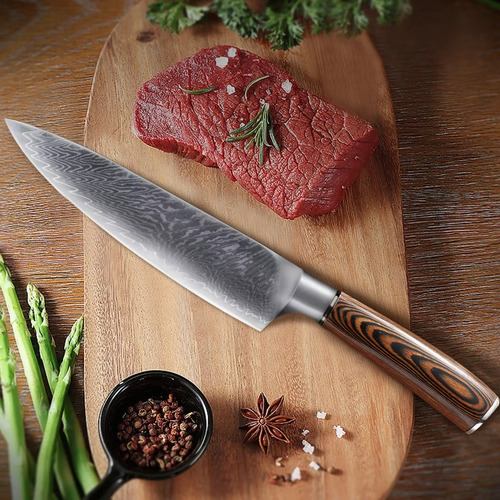 Chef Cuchillo Mango De Madera Damascos Con Funda De Plástico