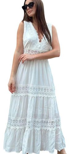 Vestido Largo Importado Bordado Guipur Boho Civil Novia 