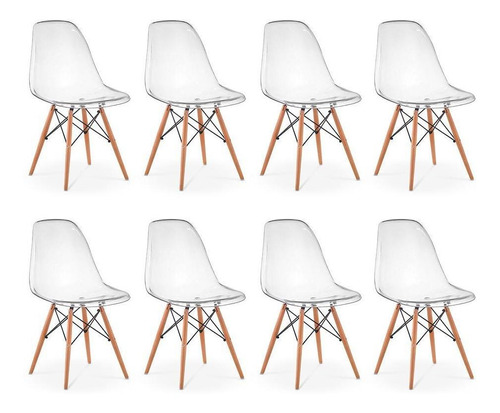 Kit 08 Cadeiras Eiffel Wood Policarbonato - Transparente