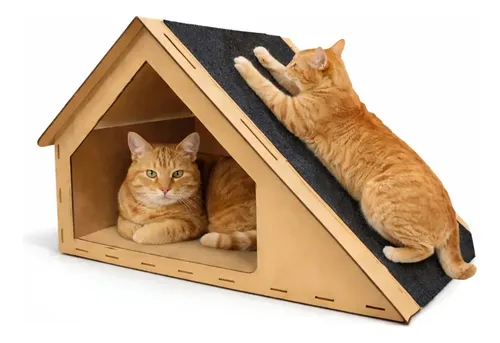 Casinha Casa Para Gatos Com Arranhador E Descanso Pets Mdf Madeir...