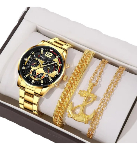Relógio Masculino Dourado Metal + Kit Pulseiras Moderno Luxo Fundo Preto
