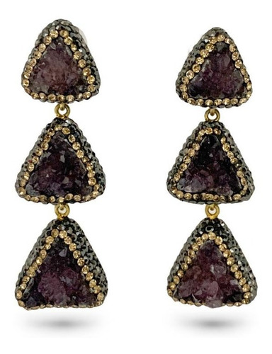 Aretes Plata 925 Triple Triangulo Con Amatista Estambul Joya