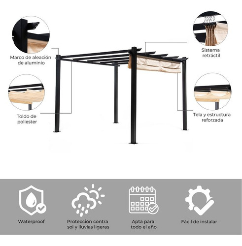 Pérgola Retráctil Tipo Romana Gazebo Toldo 3x3 Mts