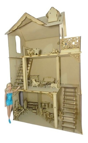 Imagen 3 de 10 de Casa De Muñecas California + Kit 23 Muebles Madera Mdf