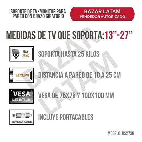 Soporte Tv Monitor Lcd Led Pared Brazo Giratorio 180º