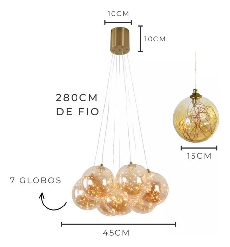 Lustre Pendente Dourado 7 Globos Fio De Fada Led 35w Luxo - Green Age