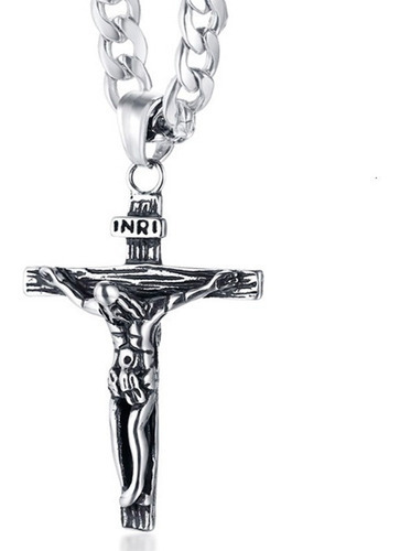 Colar Cordão Corrente Crucifixo Cruz Jesus Inri 100% Aço Cor Prateado