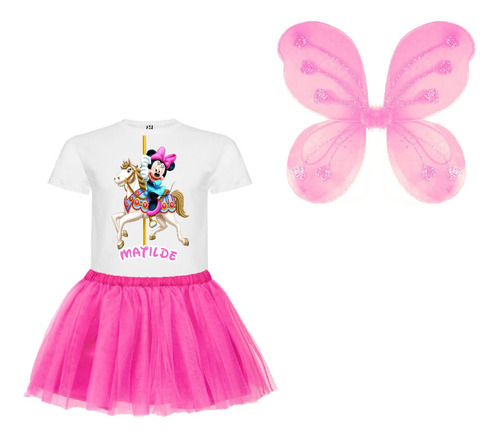 Disfraz Minnie Carrusel Niñas Tutu + Alas + Polera Personalizada Cumpleaños