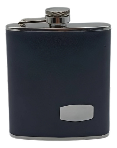 Petaca Acero Inox 6oz - Revestida Ecocuero - Chapita Grabado Negro Ecocuero - Chapita Para Grabado