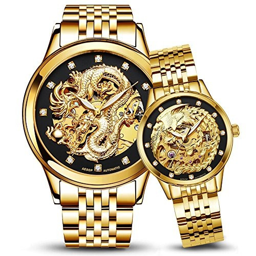 Dragon Y Phoenix Luxury Couple Relojes Hombres Y Mujeres Oro