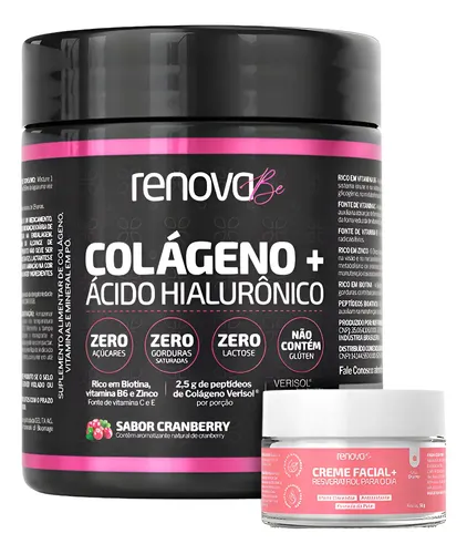 Colágeno Verisol + Ácido Hialurônico Cranberry Renova Be Colágeno Hidrolisado Vitamina E, C, Vitamina B6, B7 Biotina Zinco