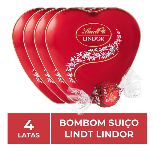 Bombom De Chocolate Suiço Lindt Lindor, 4 Latas Coração 50g