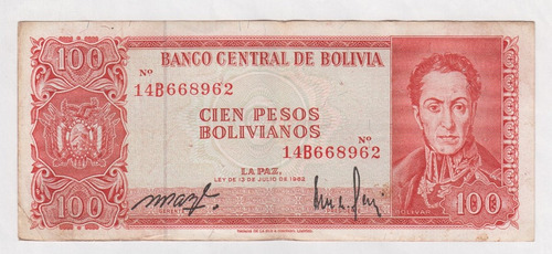 Billete Bolivia 100 Bolivianos 1962 Serie Roja Usado (c85)