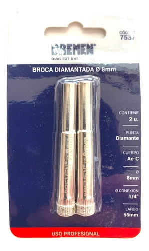 Broca Diamantada Porcelanato Vidrio Bremen 8 Mm X 2 Unidades