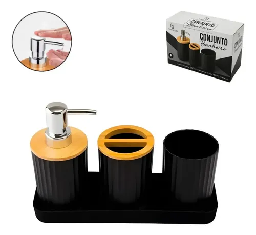 Kit Acessorios Banheiro 04pçs Organizador E Decorar Lavabo Cor Preto