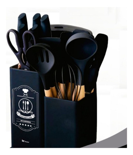 Kit 19 Utensílios De Cozinha Silicone Cabo Madeira Premium