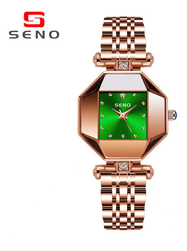 Reloj de pulsera Seno S057 de cuerpo color rosê gold, analógico, para mujer, fondo verde, con correa de alloy color y mariposa