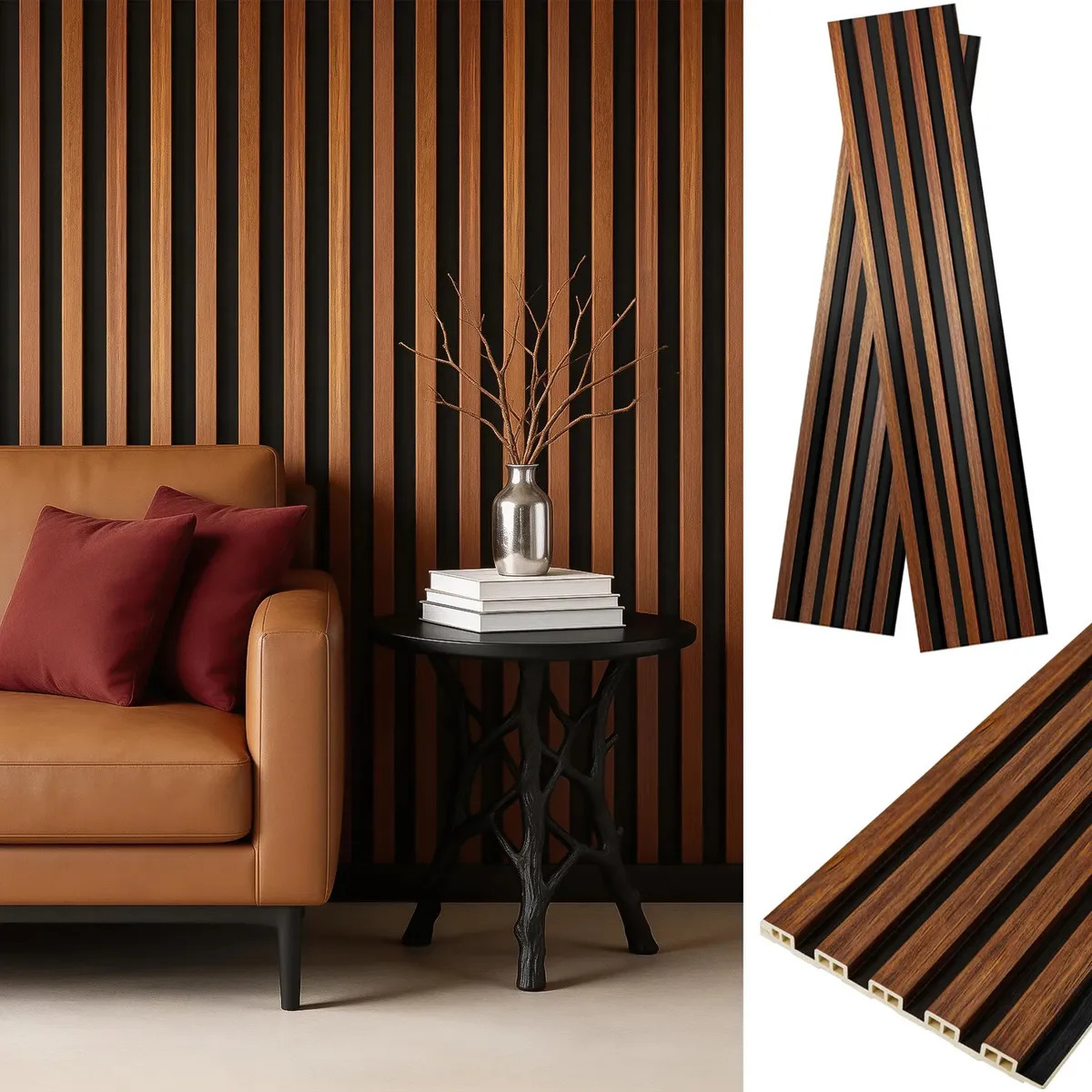 paneles decorativos Pared 3d veta de madera Wpc 100cmx16cm 12 Pzs 1.9 M2 Paneles Estriados Impermeable De Pvc Para Decoración De Paredes Interiores En Dormitorios, Salones, Etc
