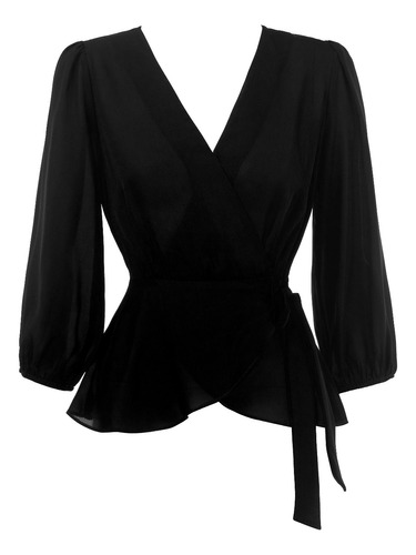 Blusa Corto Peplum Cruzada Lazo Manga 3/4 Vestir Elegante