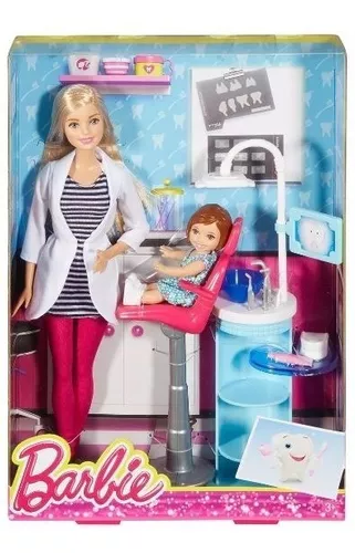 fregadero Muñeca Barbie DENTISTA Silla rubia y Conjunto de juego con muñeca pequeña del paciente 