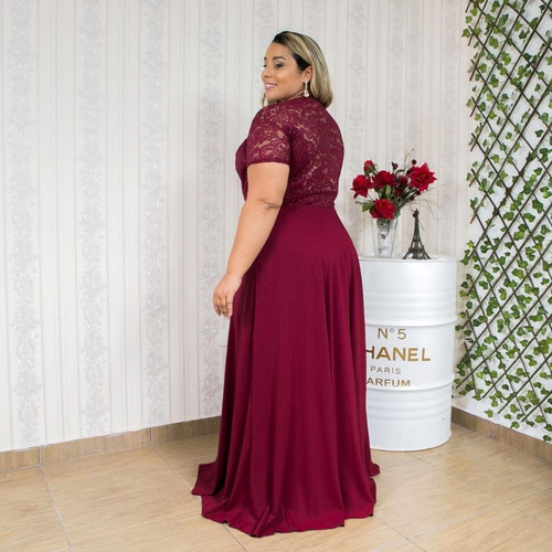 Imagem 5 de 7 de Vestido Festa Marsala Plus Size Madrinha Manga Luxo Brilho