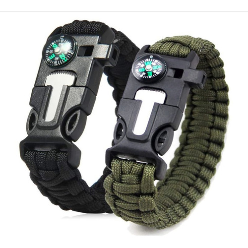 2 Pza Pulsera Tactica Supervivencia Pedernal Paracord 5 En 1 Color Negro/Verde militar