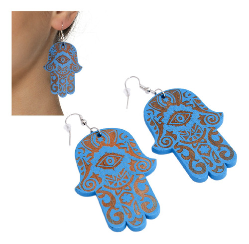 Aros Mujer Largos Aros Artesanales Aritos Hamsa Madera Azul